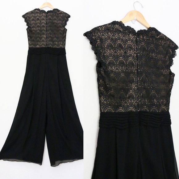 Tadashi Shoji Bridal Mikado Jumpsuit 6 Black Lace Overlay Chiffon Wide Leg $490 - Picture 13 of 16